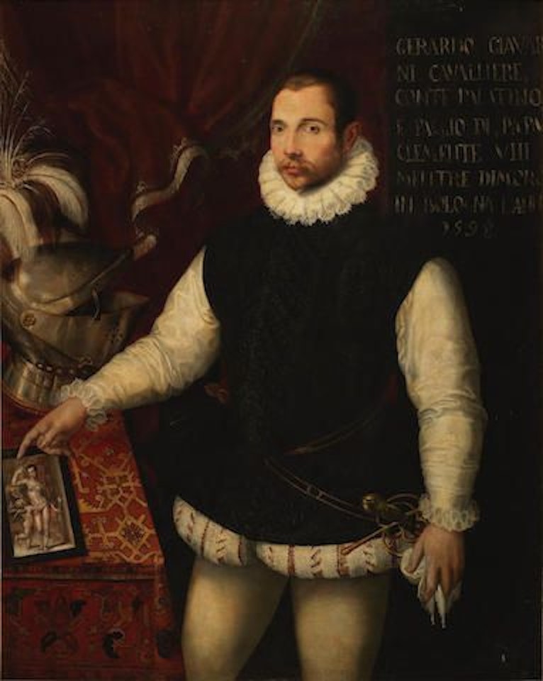 Portrait of Gerardo Giavarini, three-quarter-length, standing in an interior beside a table covered with a carpet on which rests a knight's helmet with his right hand showing a chiaroscuro monochrome drawing depicting Venus and Cupid by Lavinia Fontana
