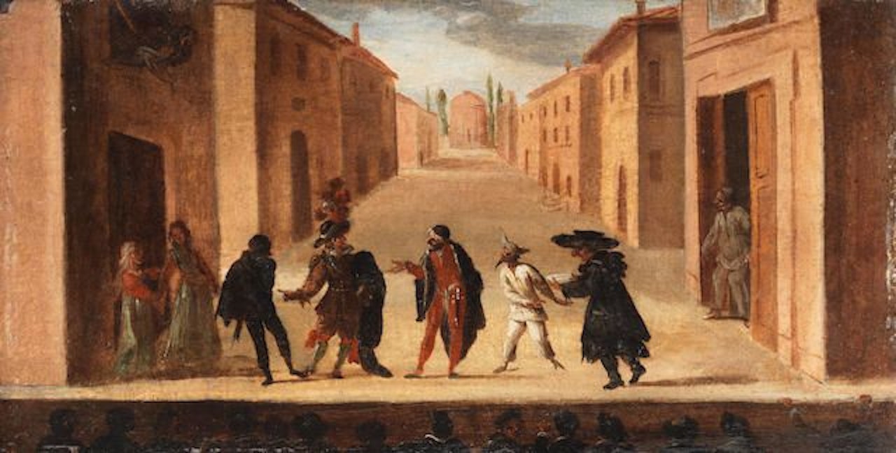 A theatre scene with an audience watching a performance of the commedia dell'arte, with Columbina and her maid, Scaramucia, il Capitano, il Dottore and two Zanni A theatre scene with an audience watching a performance of the commedia dell'arte, with Columbina and her maid, Scaramucia, il Capitano, il Dottore and two Zanni by Florentine School