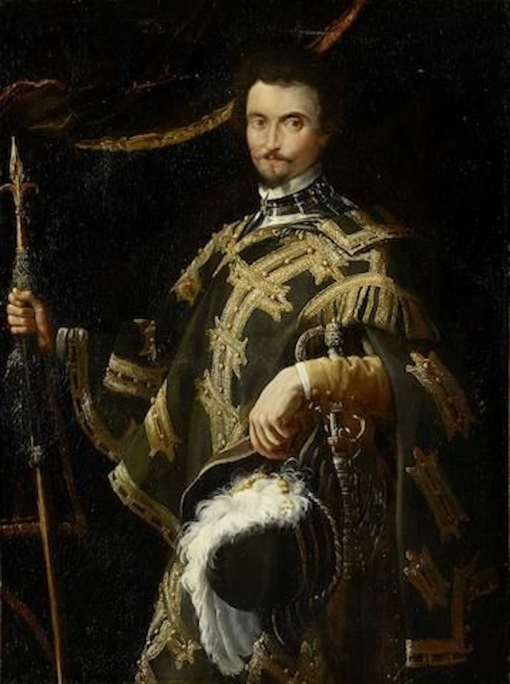 Portrait of a gentleman, standing three-quarter-length, in green embroidered costume, holding a plumed hat and a spear by Florentine School