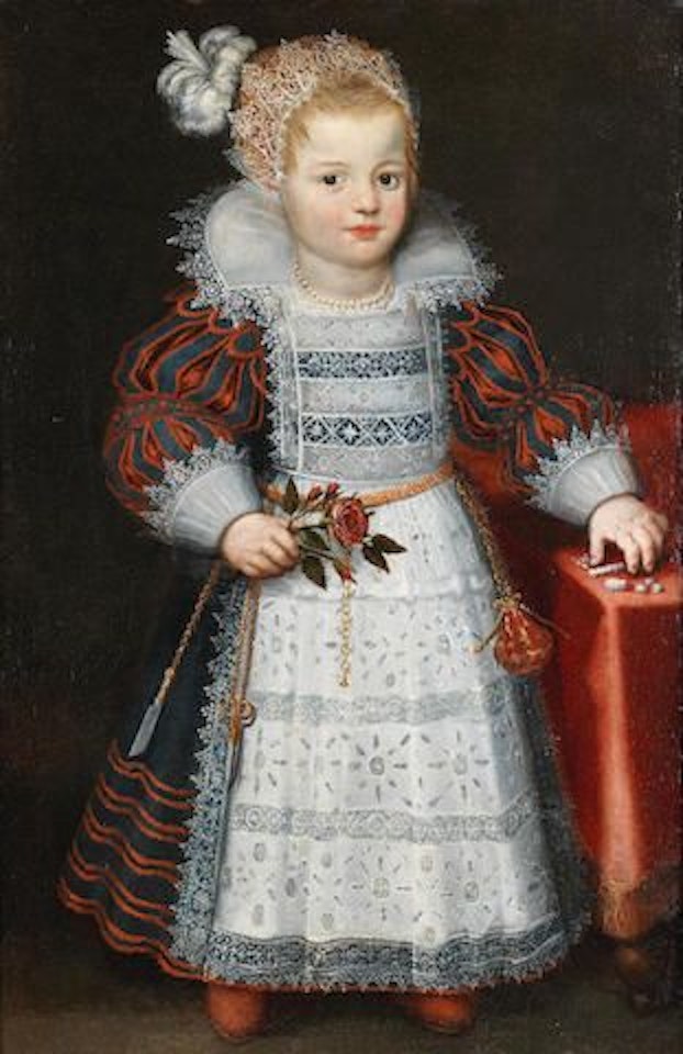 Portrait of a child, full-length, standing holding a rose by Dutch School