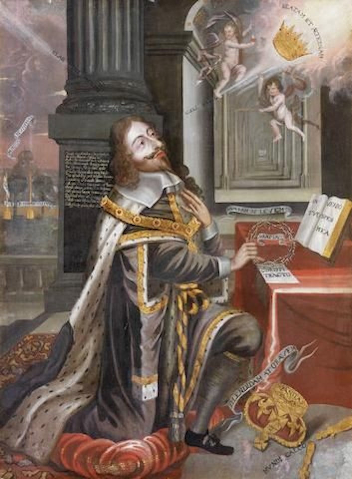 Eikon Basilike: Portrait of King Charles I, full-length, wearing robes of State and an ermine-lined cloak, kneeling by English School