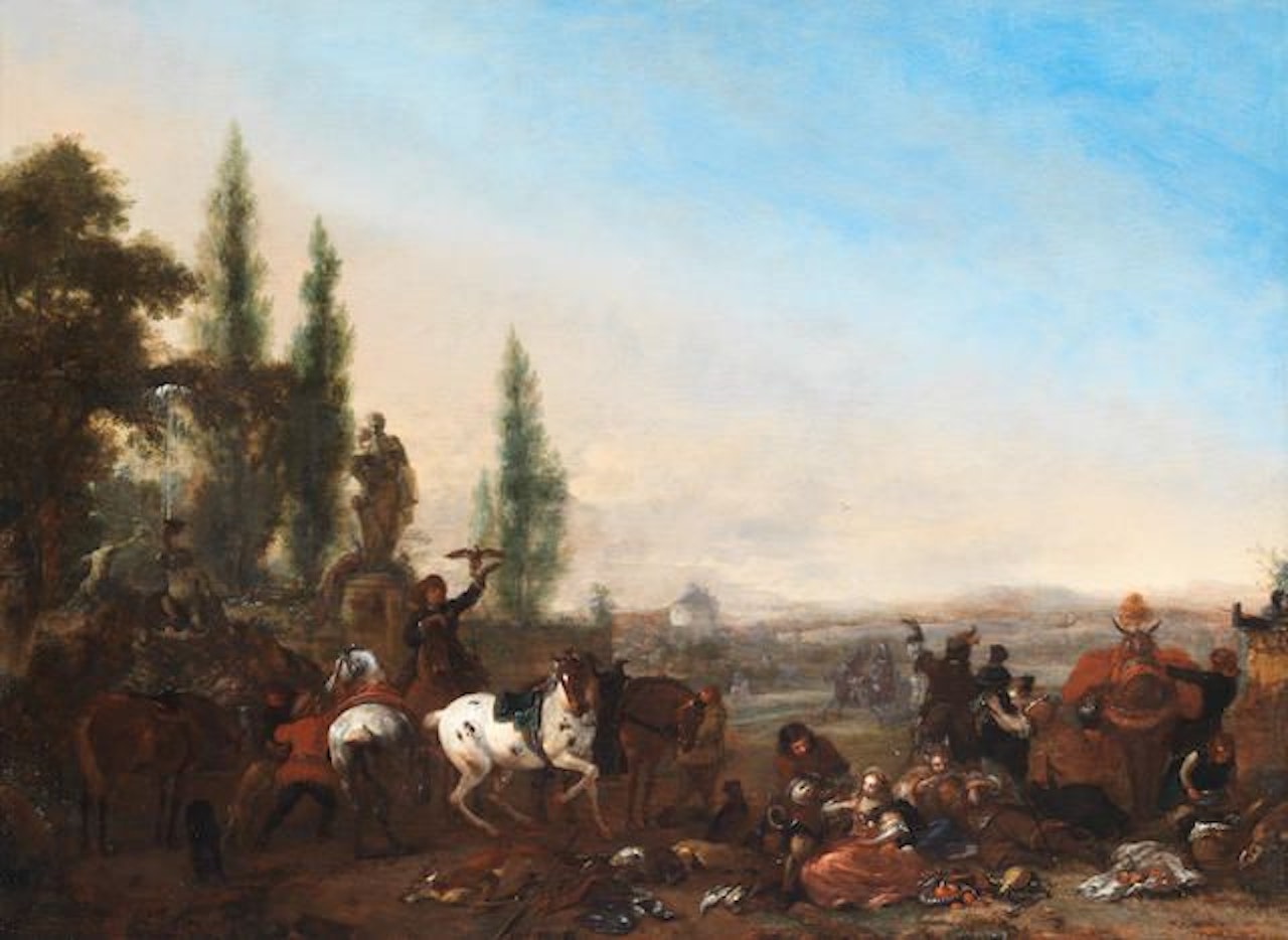 A hawking party with figures resting by a fountain, an extensive landscape beyond by Philips Wouwerman
