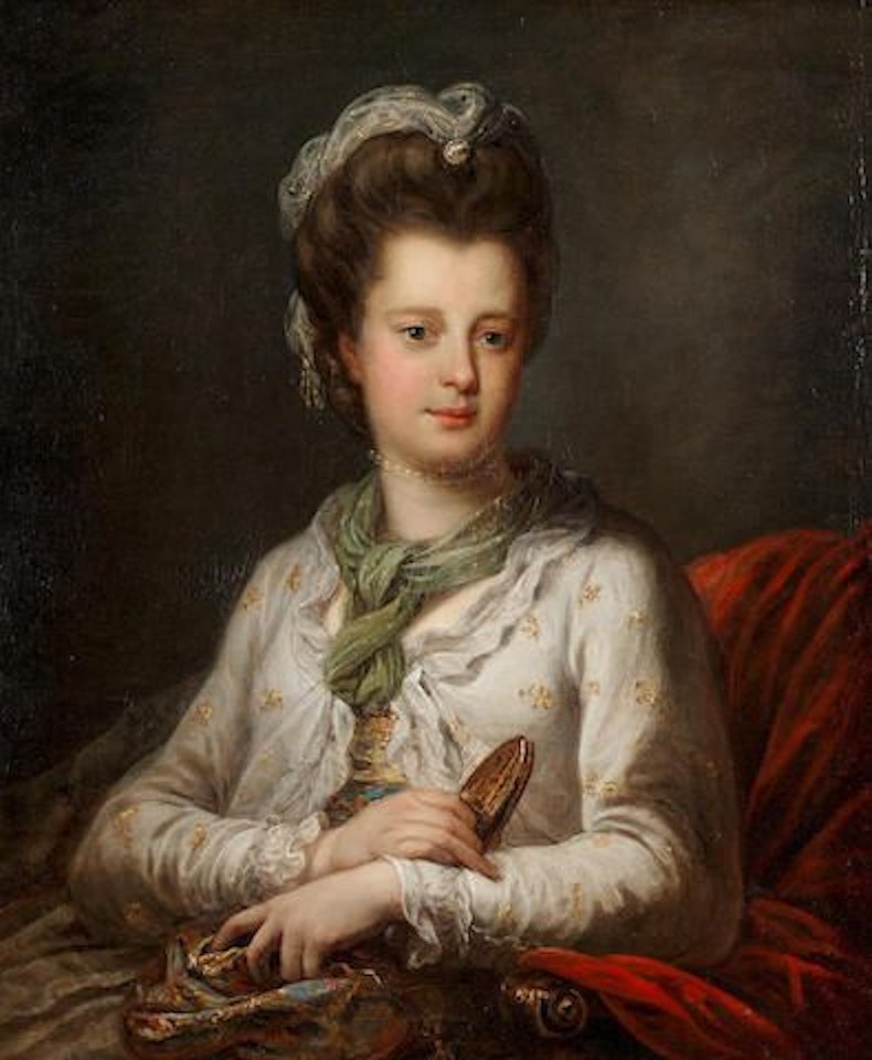 Portrait of Elizabeth Kerr, née Fortescue, Marchioness of Lothian, half-length, in a white muslin dress and headdress with gold embroidery, a pearl necklace and a green shawl by Angelica Kauffmann
