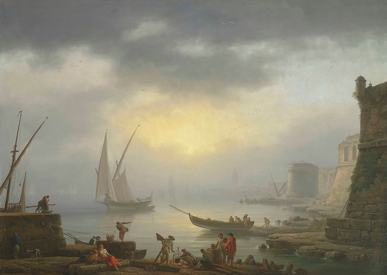 A harbour at sunrise by Claude Joseph Vernet