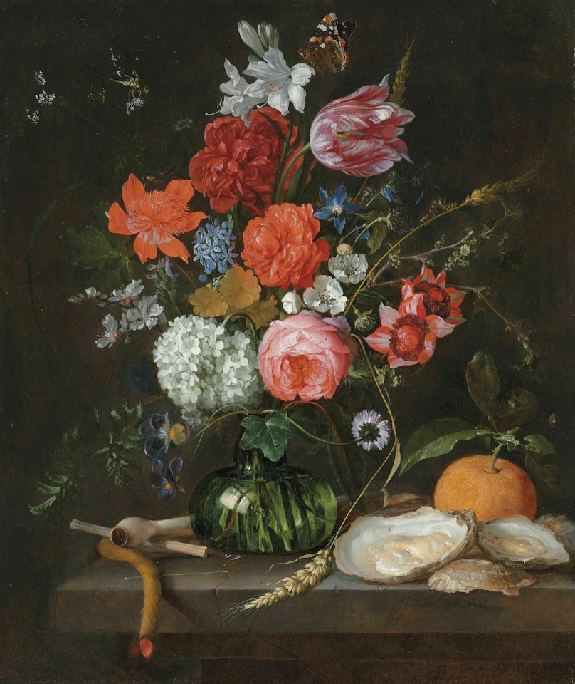 A tulip, roses, apple blossoms, cornflowers and other flowers in a glass vase on a stone ledge, with a pipe, taper, oysters and an orange, with a butterfly by Jan Davidsz de Heem