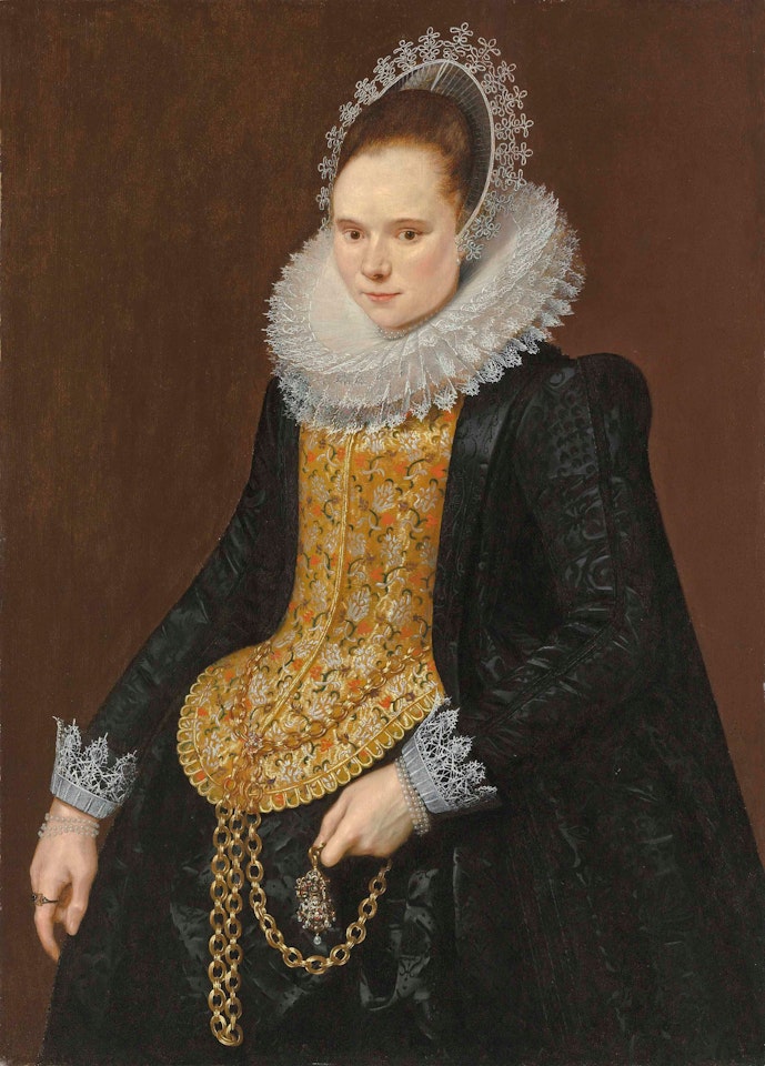 Portrait of a lady, three-quarter-length, in a black vlieger brocade gown, with an elongated embroidered stomacher and embroidered mill ruff, holding a chain by Cornelis van der Voort