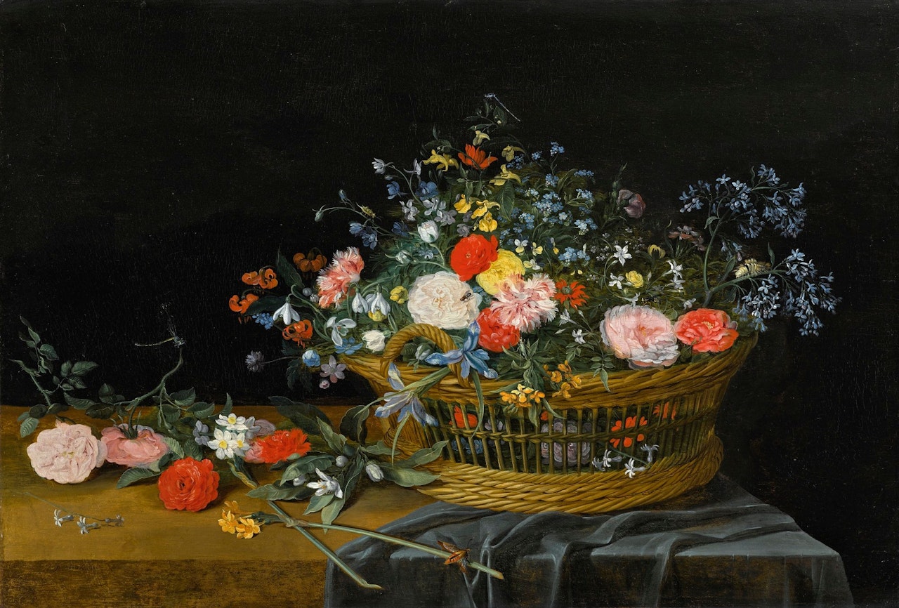 FLOWERS IN A BASKET ON A PARTLY DRAPED TABLE by Jan Van Kessel The Elder