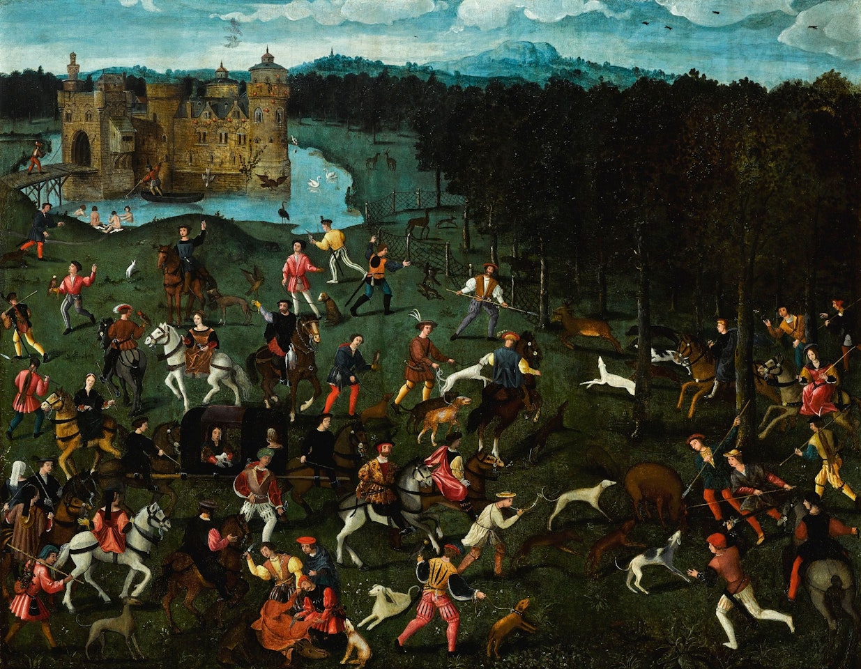 AN ELEGANT HUNTING SCENE IN A LANDSCAPE BEFORE WIJNENDALE CASTLE by Flemish School