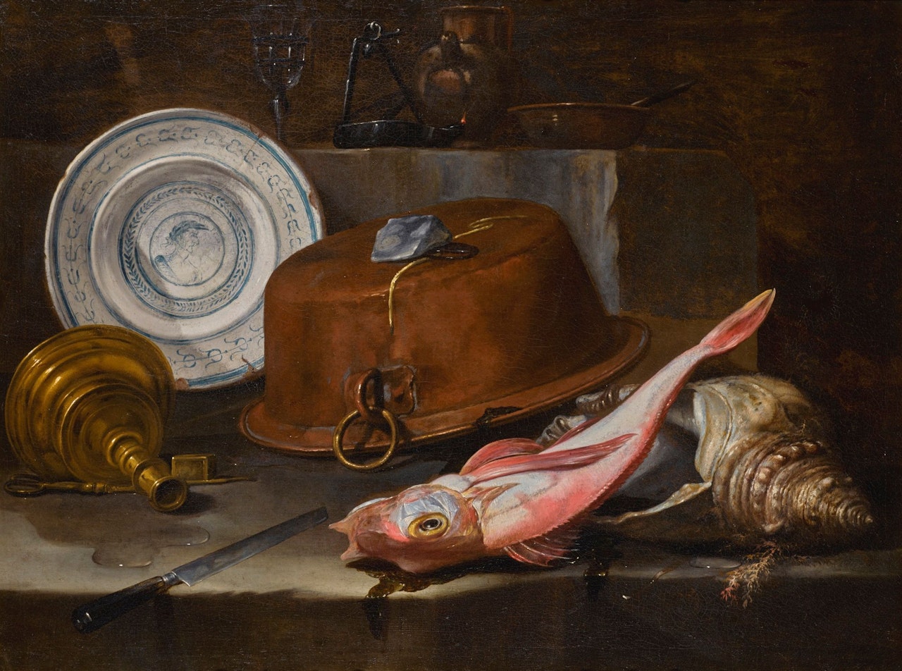 STILL LIFE OF A RED GURNARD AND SHELL ON A STONE LEDGE, BEFORE AN UPTURNED COPPER POT AND PLATTER by Giuseppe Recco