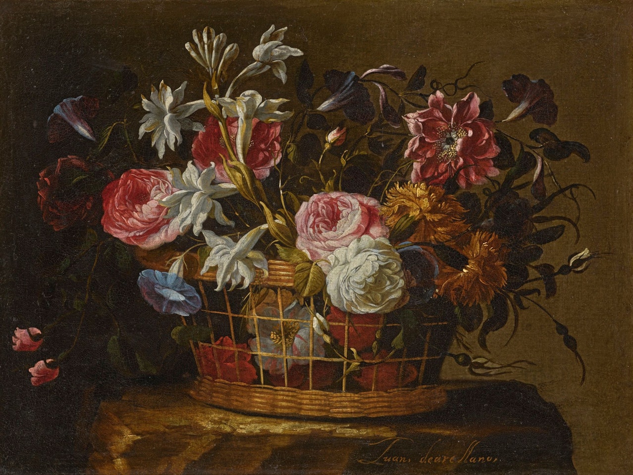 STILL LIFE OF ROSES, LILIES, MORNING GLORIES AND OTHER FLOWERS IN A BASKET ON A STONE PEDESTAL by Juan de Arellano