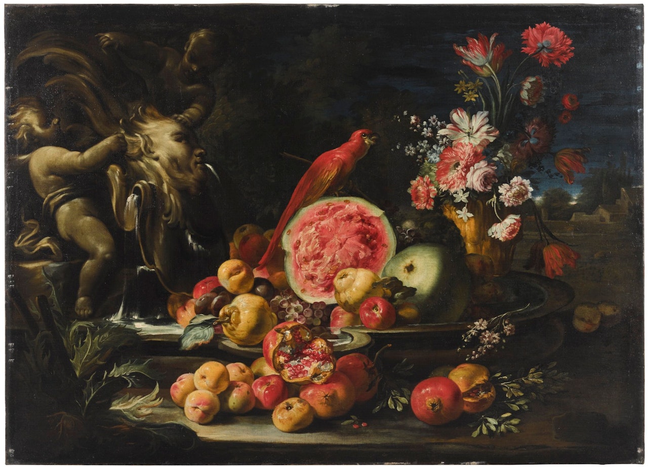 STILL LIFE WITH A RED PARROT AND FRUIT by Abraham Brueghel