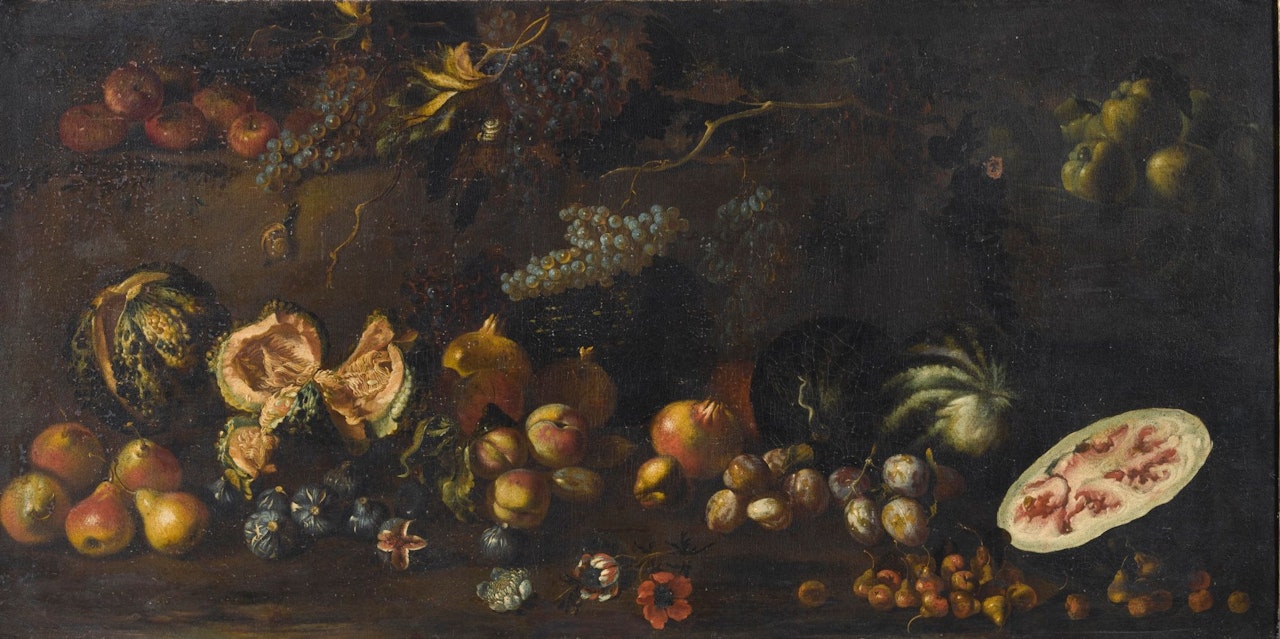 STILL LIFE OF FLOWERS AND FRUITS, INCLUDING MELONS, FIGS AND CHERRIES, STREWN ACROSS A FOREST FLOOR by Roman School