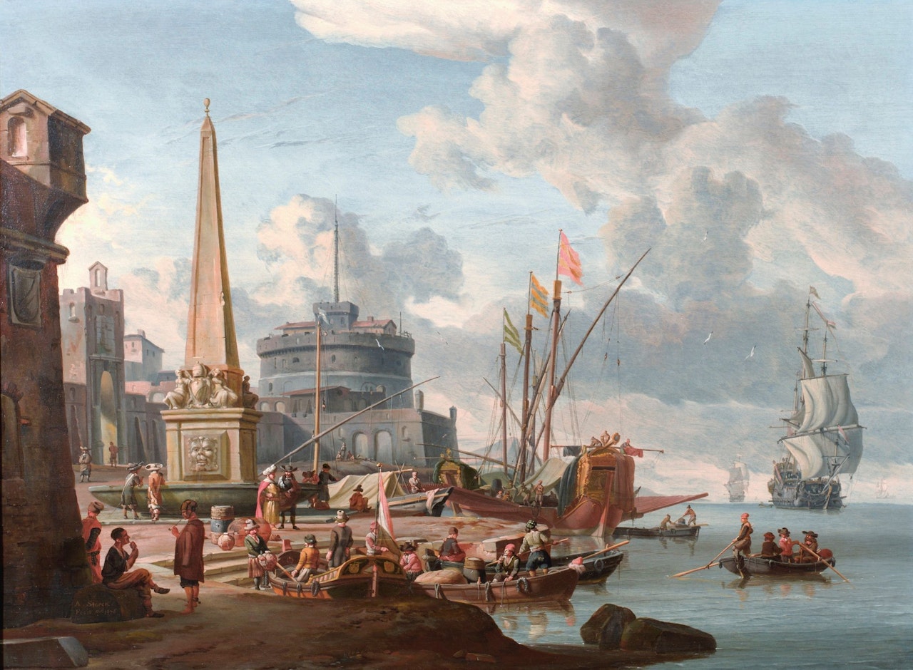 A FORTIFIED MEDITERRANEAN PORT WITH AN OBELISK AND A GALLEY MOORED NEARBY by Abraham Storck