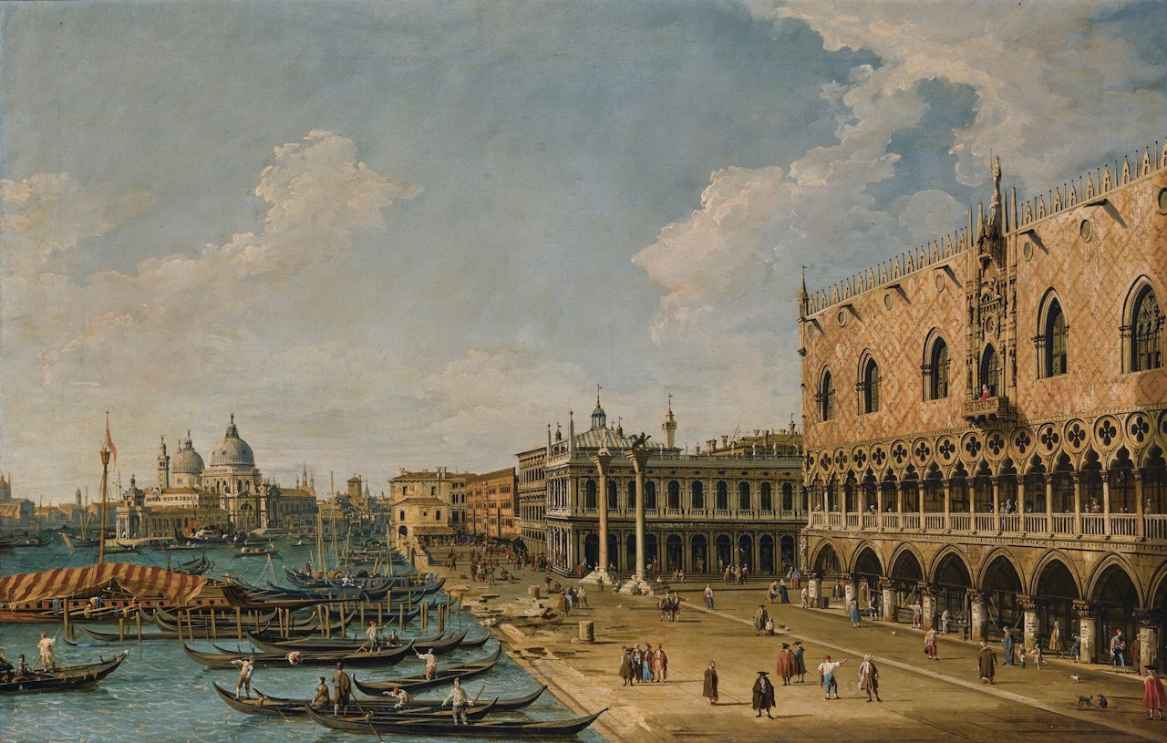 VENICE, THE MOLO LOOKING WEST WITH THE PALAZZO DUCALE AND SANTA MARIA DELLA SALUTE by Circle of Canaletto