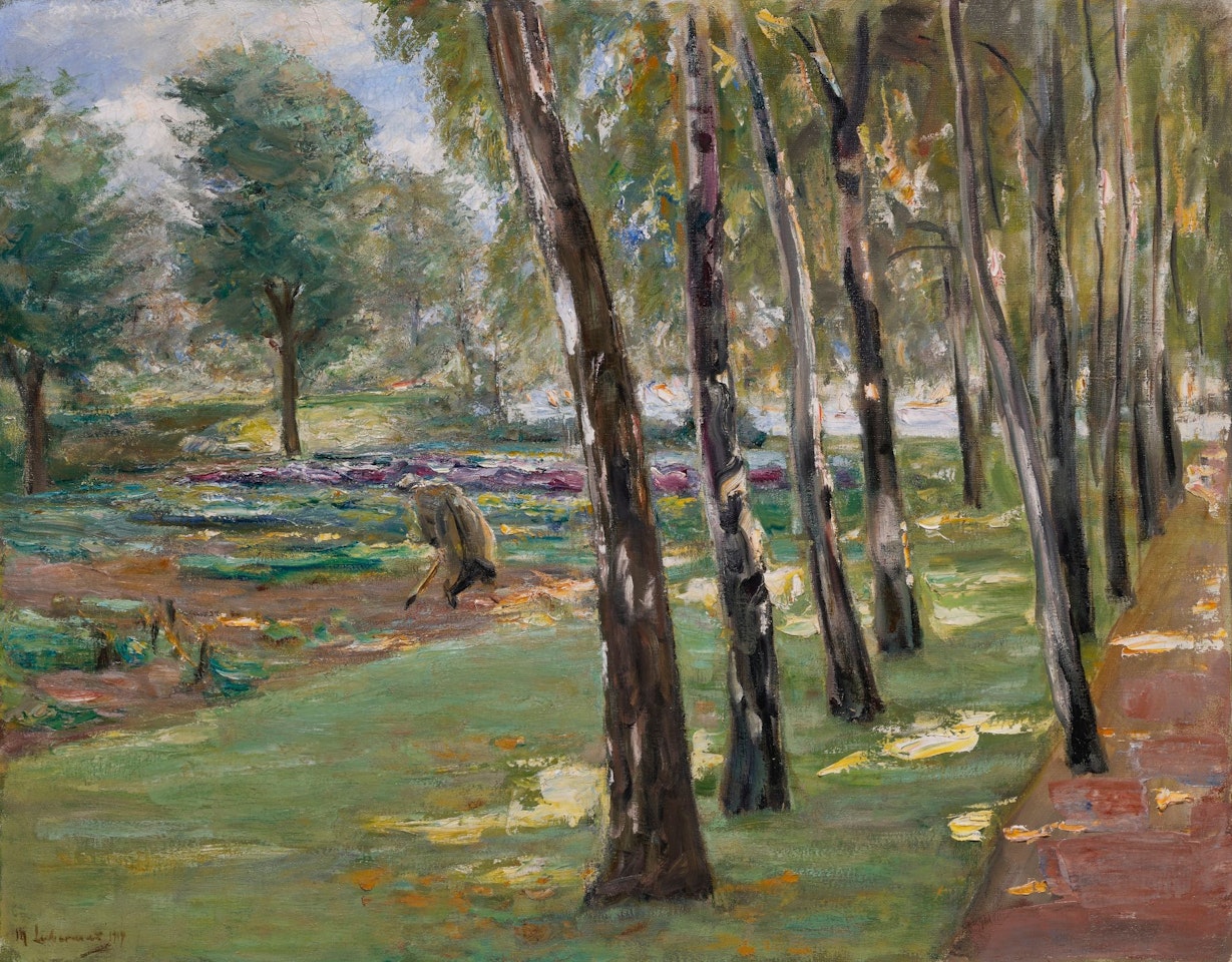 DIE BIRKENALLEE IM WANNSEEGARTEN, BLICK AUF DAS KOHLFELD (AN AVENUE OF BIRCH TREES IN THE WANNSEE GARDEN, A VIEW OF A CABBAGE FIELD) by Max Liebermann