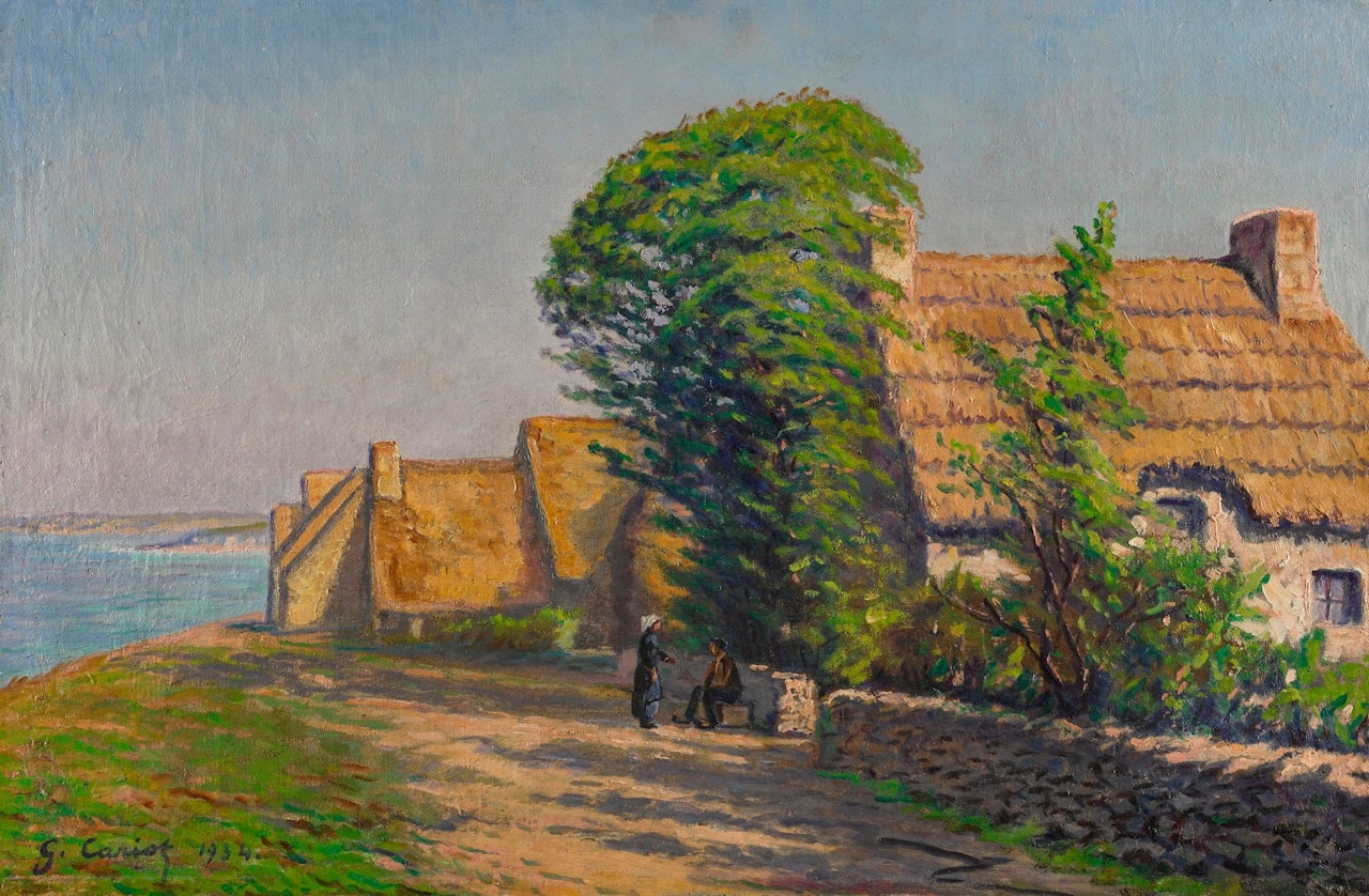 COUPLE CONVERSANT DEVANT LA MER EN BRETAGNE by Gustave Cariot
