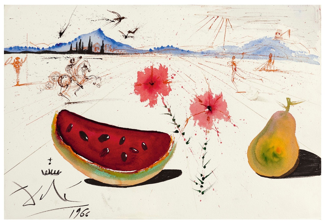 FLEURS, PASTÈQUE ET POIRE DANS UN PAYSAGE AMPURDANAIS by Salvador Dali