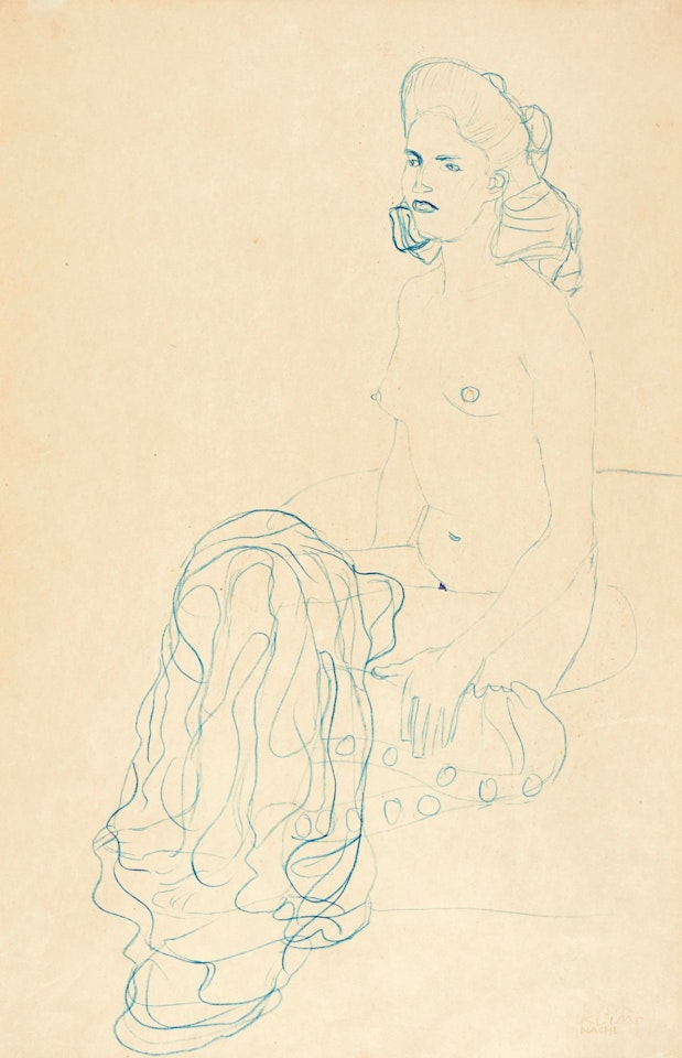 NACH LINKS SITZENDER HALBAKT (HALF NUDE TO THE LEFT) by Gustav Klimt