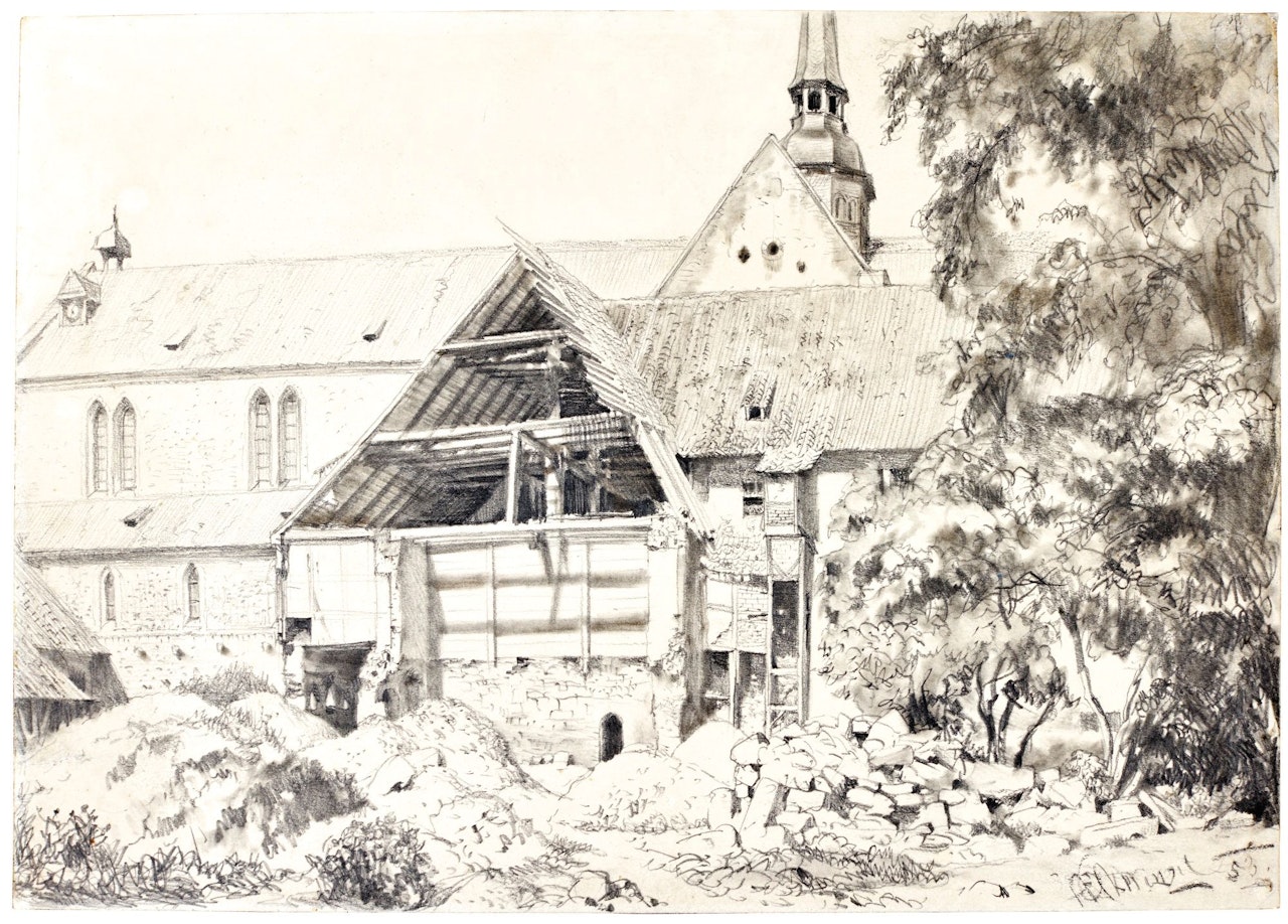 STUDY OF A CHURCH AND FARMHOUSE by Adolph Menzel