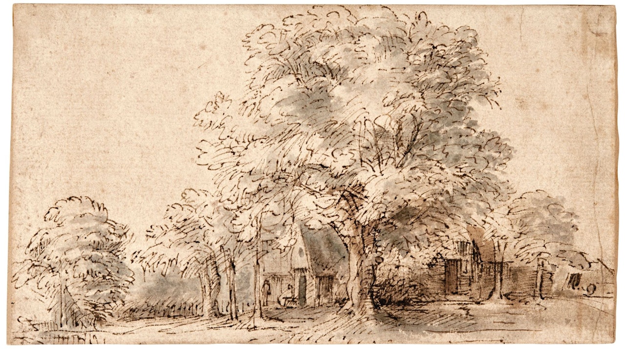 COTTAGES ALONG SLOTERWEG, OUTSIDE AMSTERDAM by Attributed to Rembrandt Harmensz van Rijn