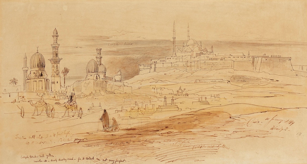 CAIRO - THE TOMBS OF THE MAMLUKS IN THE CITY OF THE DEAD WITH THE SALADIN CITADEL BEYOND by Edward Lear