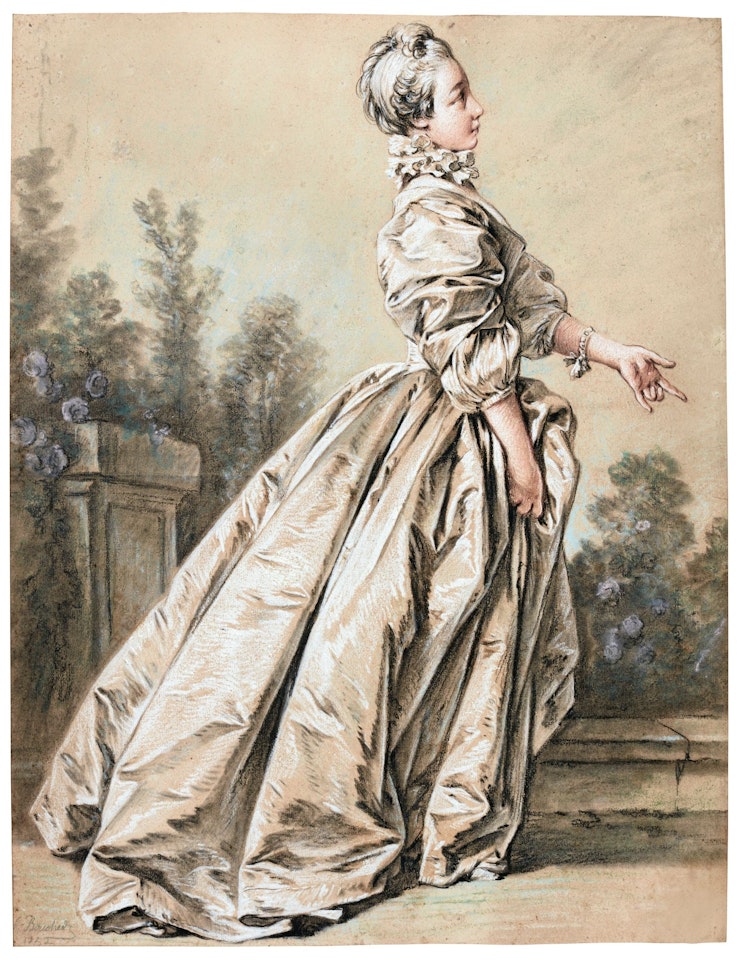 A YOUNG WOMAN, SEEN IN PROFILE, WALKING IN A PARK, TRADITIONALLY IDENTIFIED AS A PORTRAIT OF MADAME DE POMPADOUR by Francois Boucher