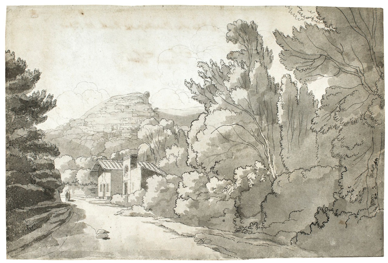 A VIEW OF A HERMITAGE AT ROCCA DI PAPA, NEAR LAKE ALBANO, ITALY by Francis Towne