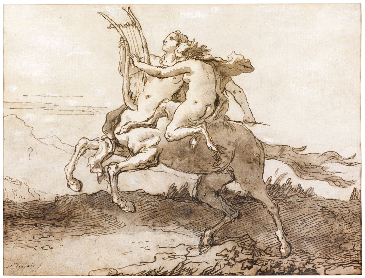 A CENTAUR HOLDING A LYRE, GALLOPING WITH A FEMALE FAUN by Giovanni Domenico Tiepolo