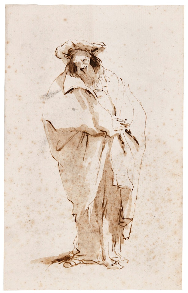 A BEARDED ORIENTAL, STANDING, WEARING A CLOAK AND SOFT HAT  by Giovanni Battista Tiepolo