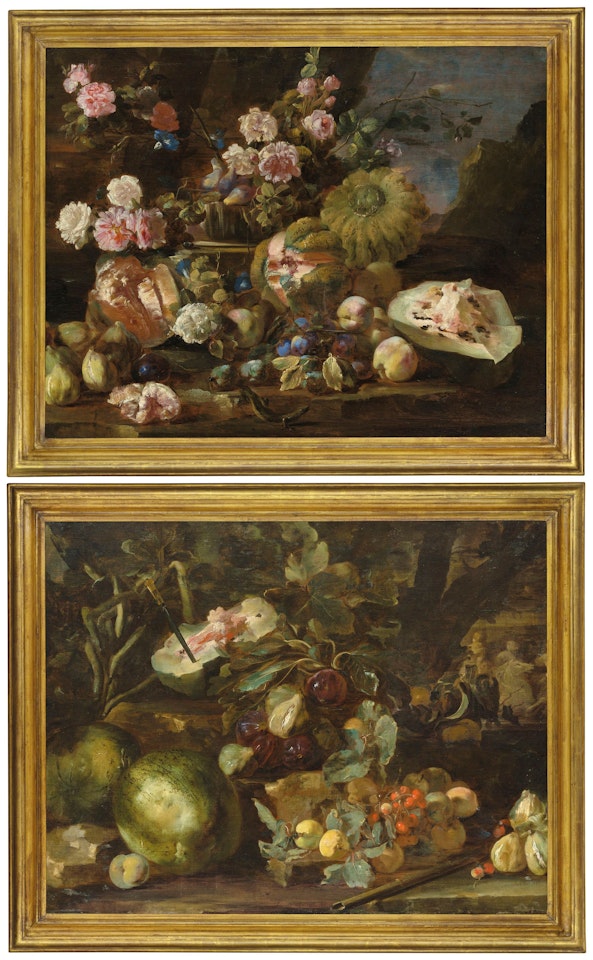 Melons, peaches and roses in a landscape; and Melons, and other fruit in a landscape, figures on horseback beyond by Michele Pace del Campidoglio