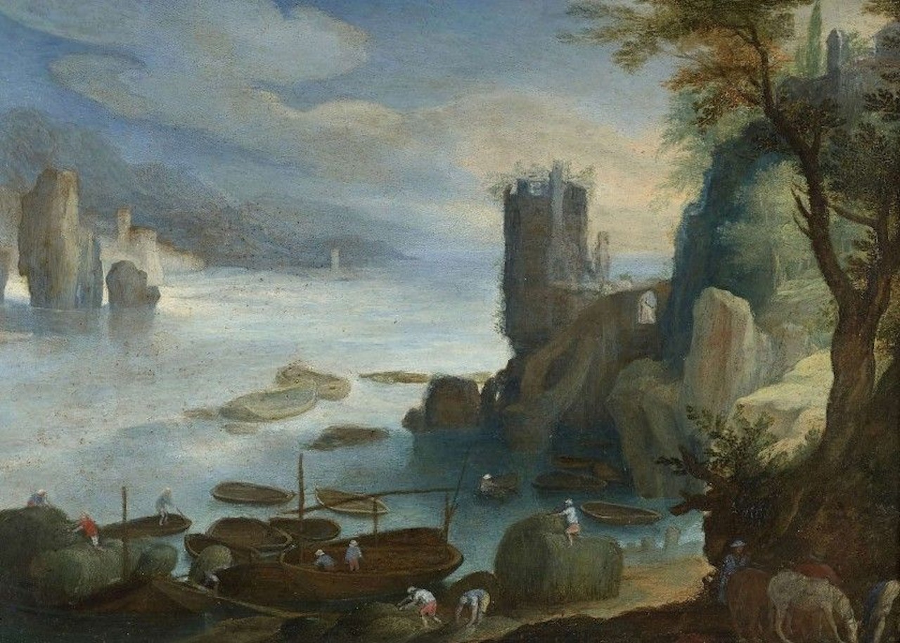 Rocky shore animated by barks haying by Paul Bril