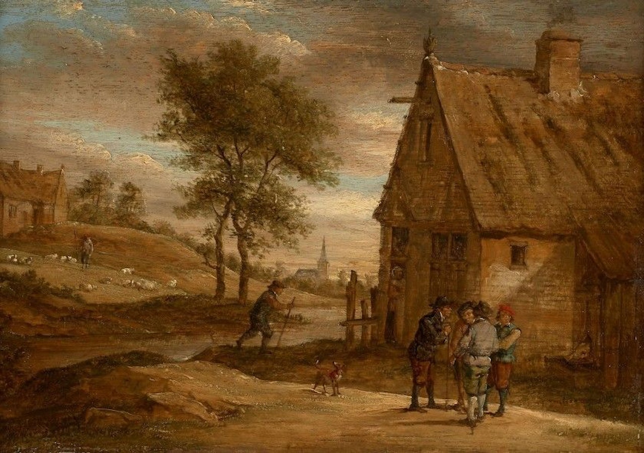 Conversation in front of a house and Card players in front of a hostel by David Teniers II