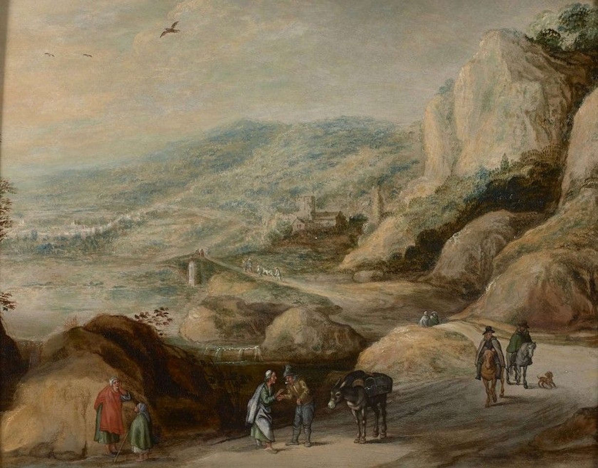 Mountainous landscape animated by riders and beggars by Tobias Verhaecht