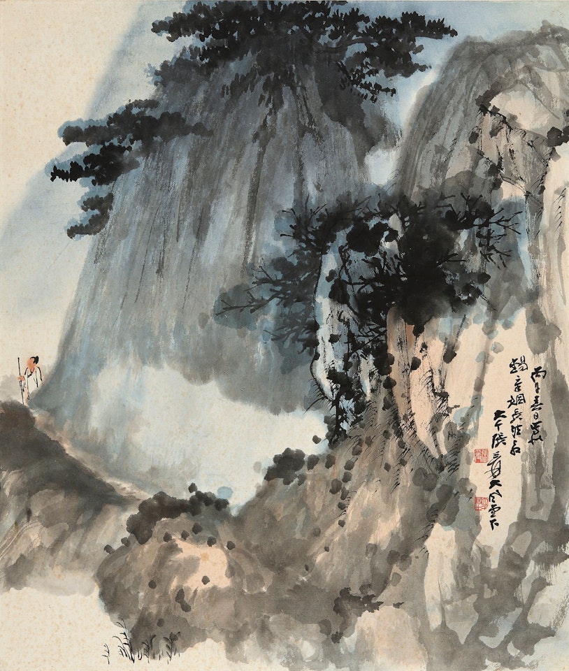 SCHOLAR WALKING IN MOUNTAIN VALLEY by Zhang Daqian