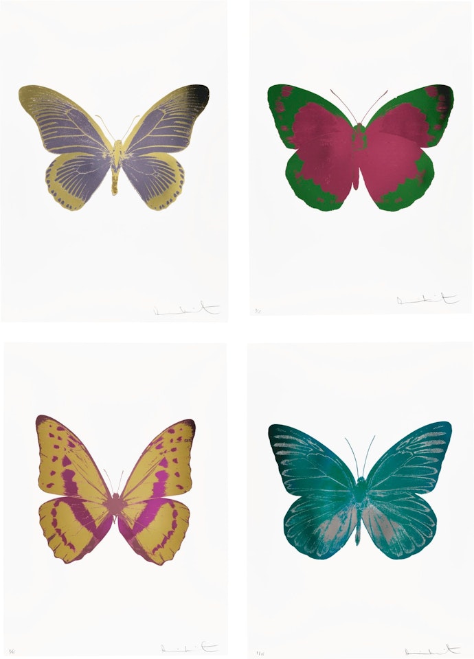 THE SOULS I: TOPAZ/SILVER GLOSS; THE SOULS II: FUCHSIA PINK/EMERALD GREEN/BLIND IMPRESSION/; THE SOULS III: HAZY GOLD/FUCHSIA PINK/LOGANBERRY PINK; AND THE SOULS IV: AQUARIUS/GUNMETAL/COOL GOLD (FOUR WORKS) by Damien Hirst