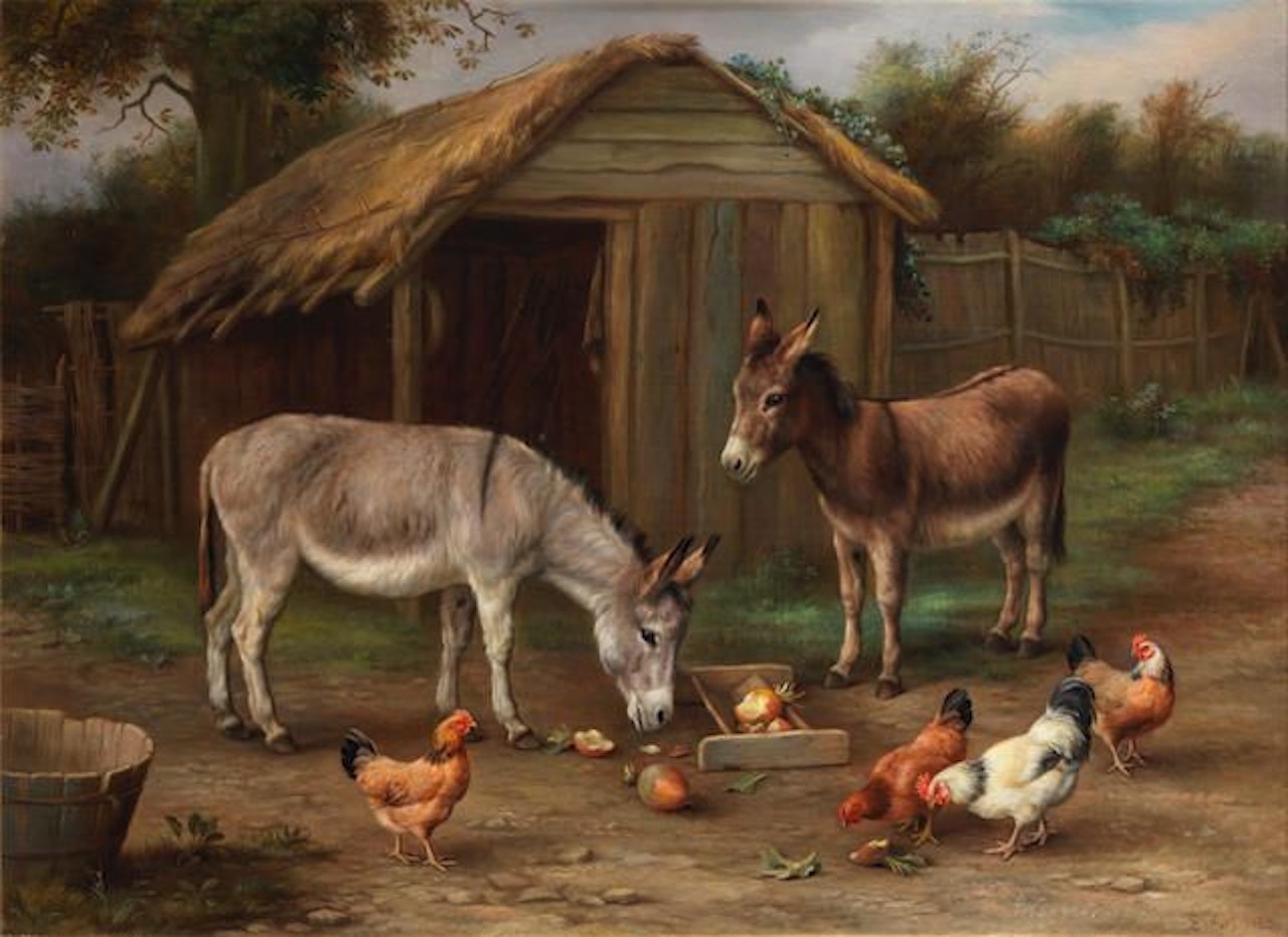 Farmyard scene with donkeys and chickens by Edgar Hunt