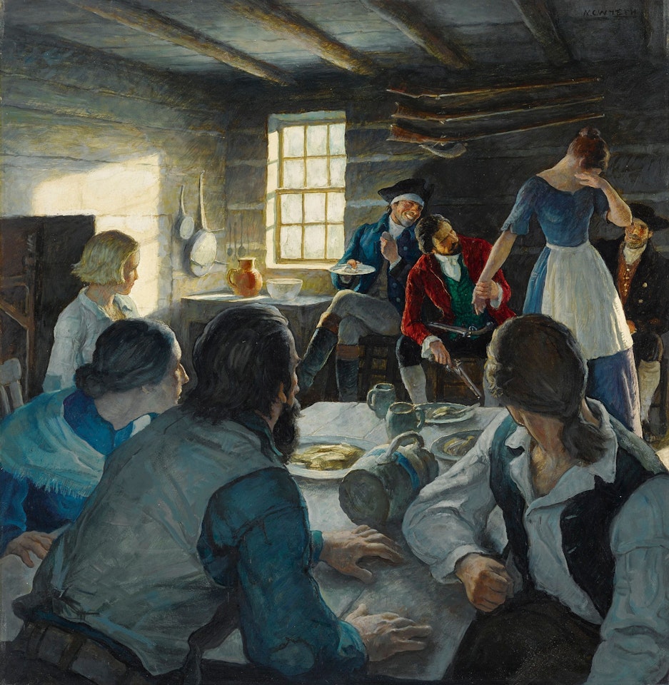 "SIT DOWN," SAYS THE STRANGER. "I TAKE WHAT I HAVE A MIND TO, SIR." (THE LAUGHING LADY) by Newell Convers Wyeth