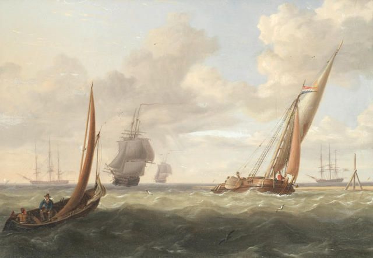 A Dutch kaag with other shipping off a sand bar by Charles Martin Powell