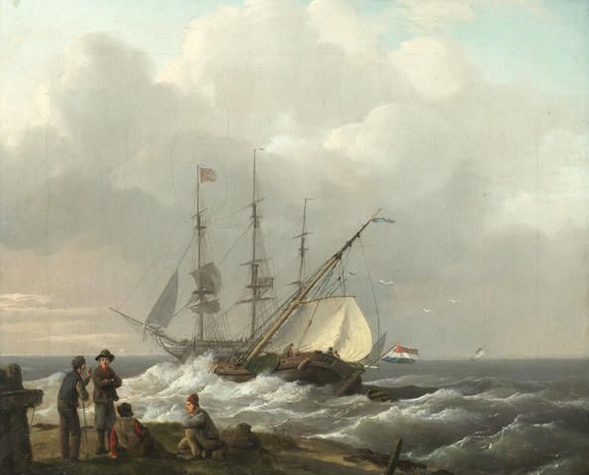 Fishermen on the shore with ships setting sail beyond by Dutch School