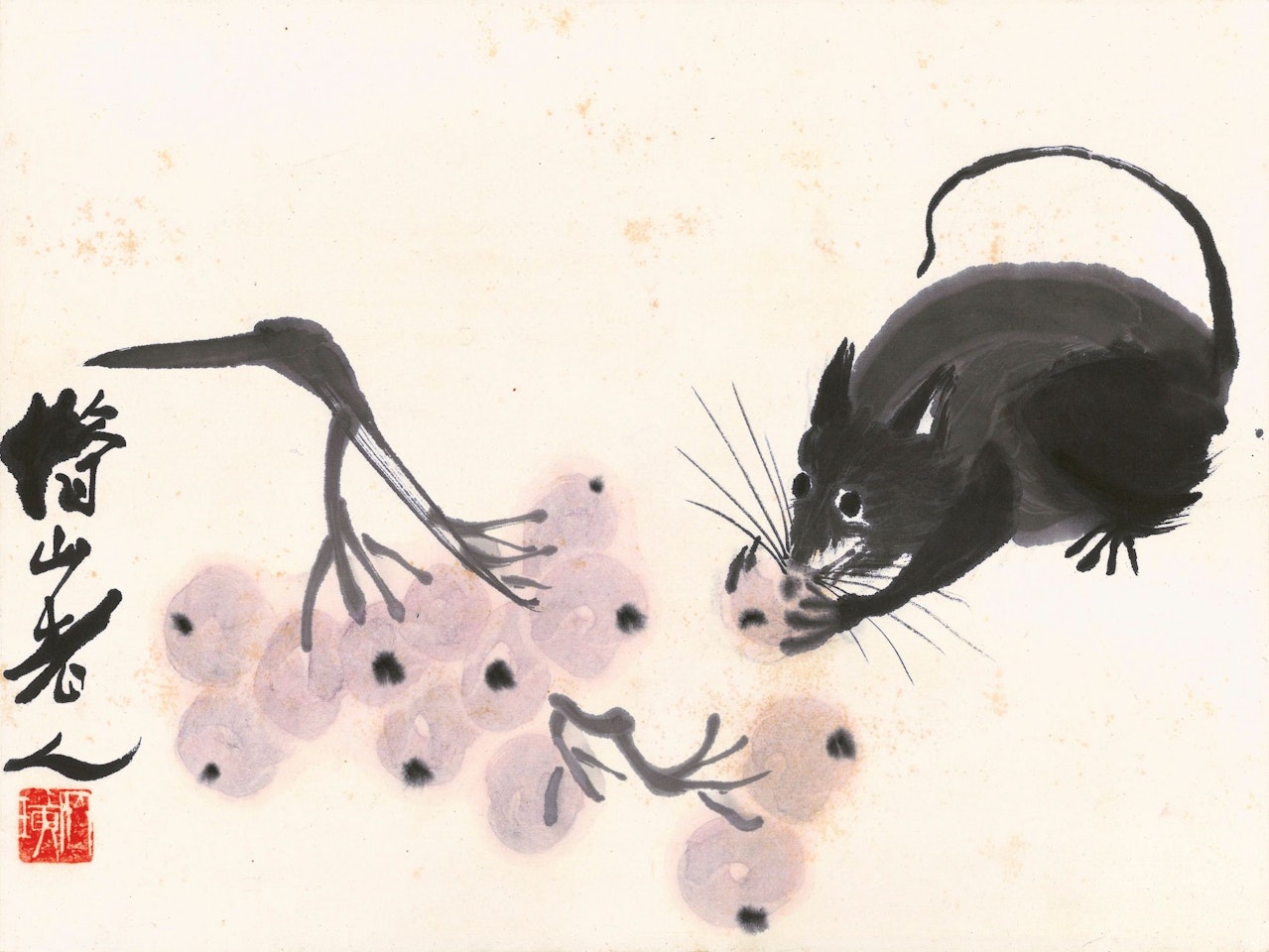 MOUSE GNAWING GRAPES; POETRY HALL by Qi Baishi