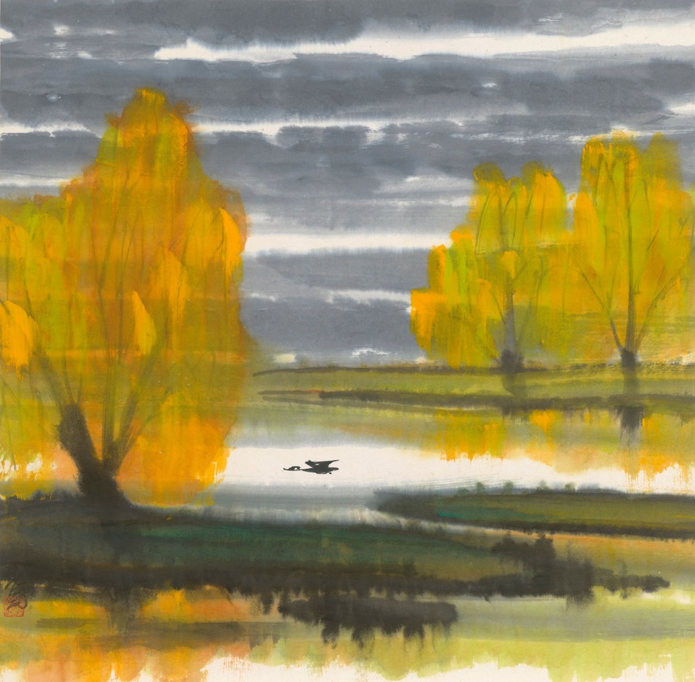 WILD GOOSE OVER WILLOW BANK by Lin Fengmian