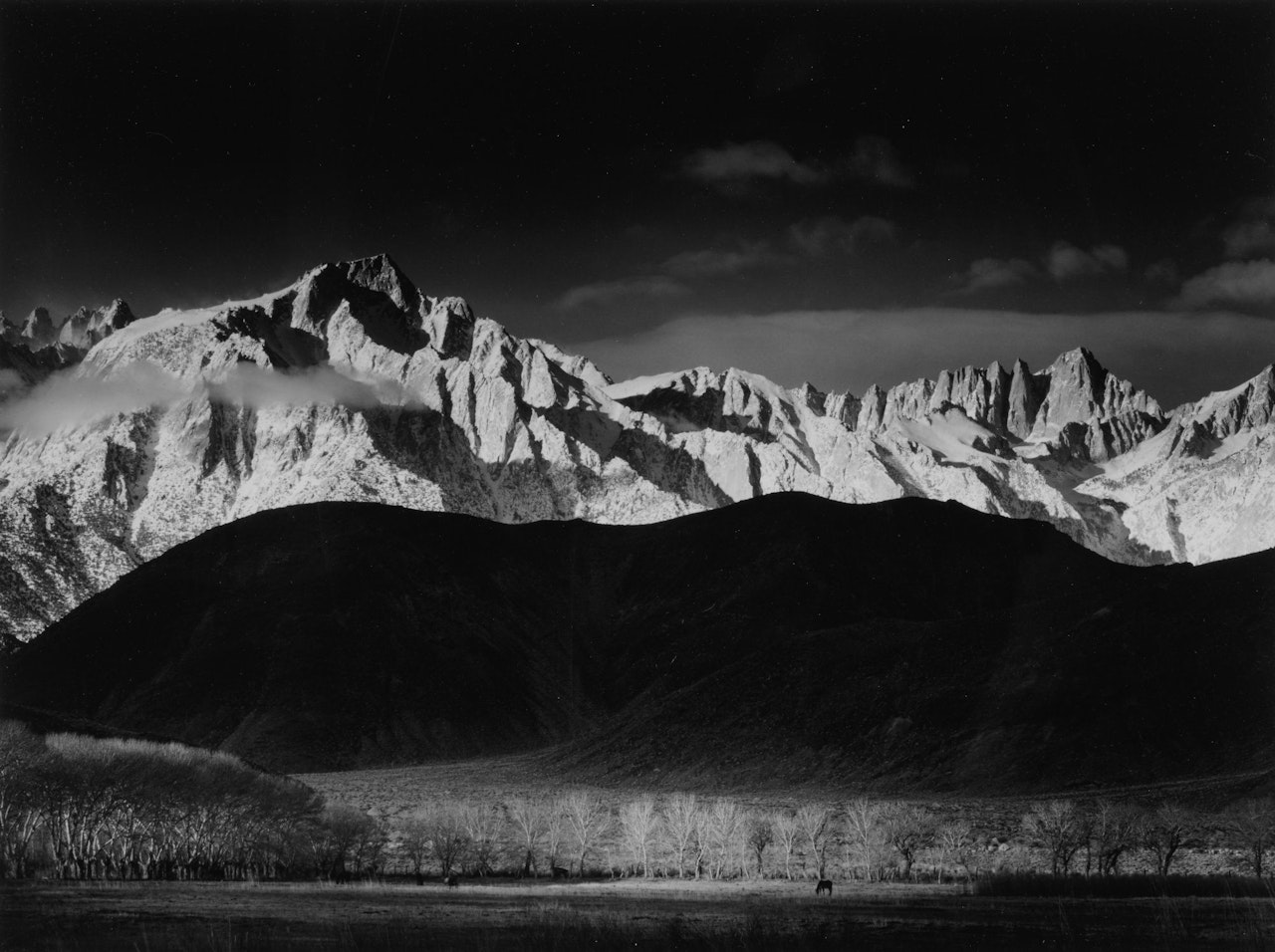 WINTER SUNRISE, THE SIERRA NEVADA FROM LONE PINE' by Ansel Adams