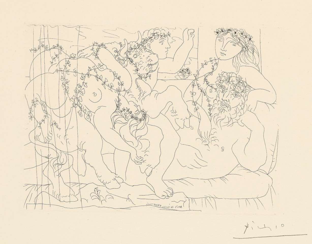 LE REPOS DU SCULPTEUR DEVANT UNE BACCHANALE AU TAUREAU (BLOCH 165; BAER 318) by Pablo Picasso