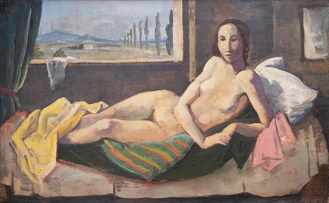 Liegender Mädchenakt vor Fenster mit Berglandschaft by Karl Hofer
