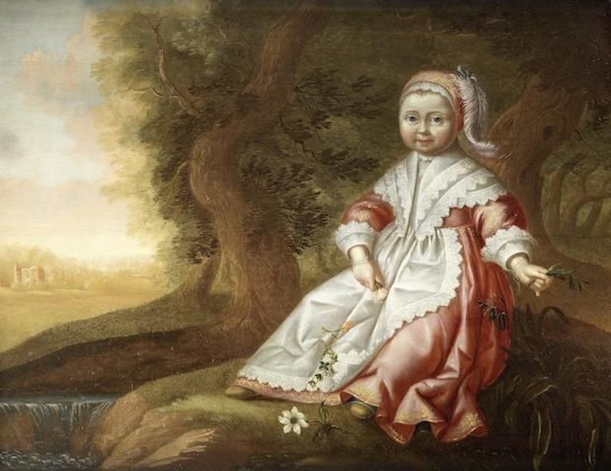 Portrait of a child, full-length, holding flowers, seated in a landscape by Dutch School
