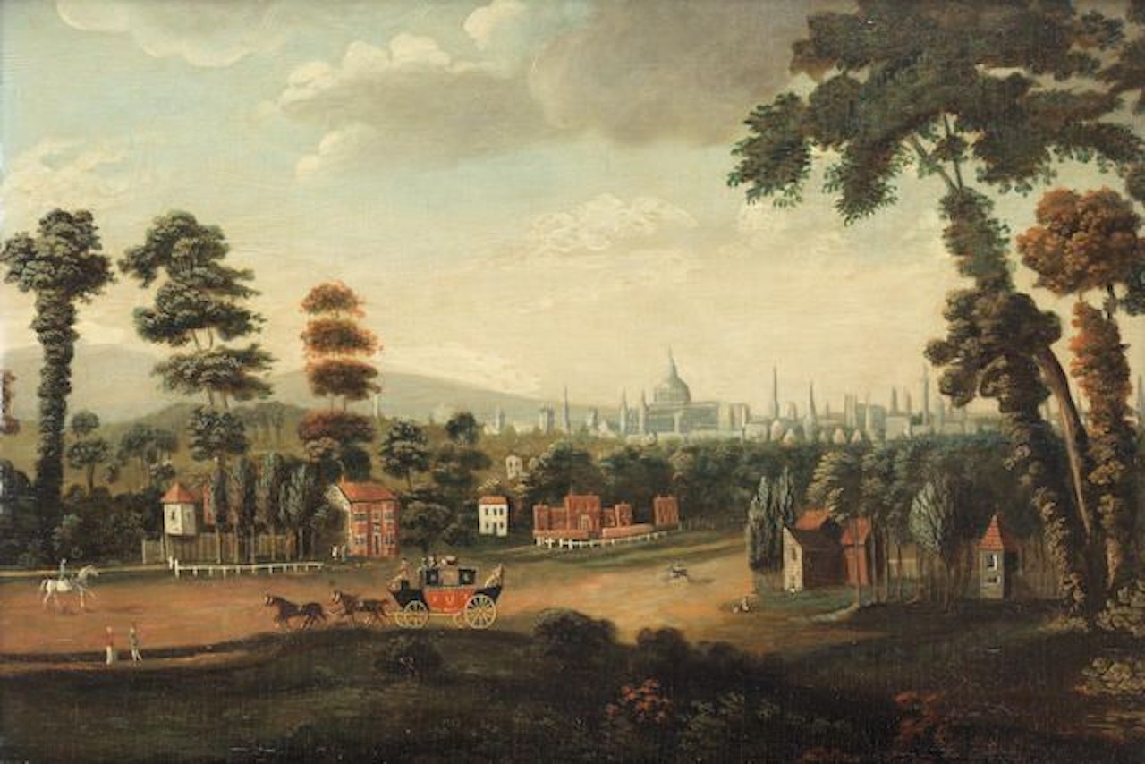 Figures in a carriage, before a city by English School