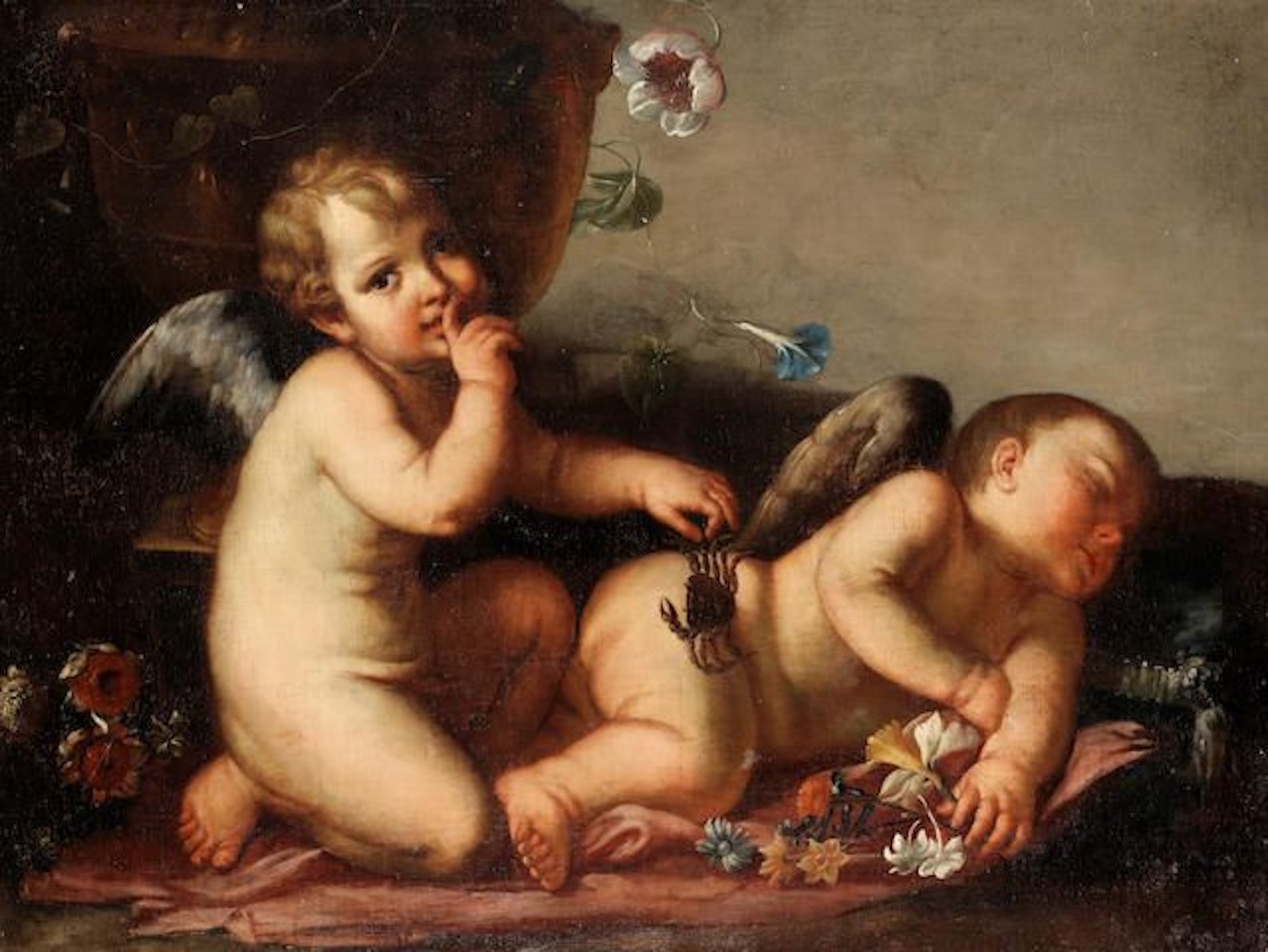 A putto holding a crab beside a sleeping putto by Roman School