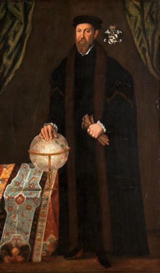 Portrait of Sir Thomas Smythe (1514-1577), full-length, standing, wearing a fur-lined cloak, holding a glove with his hand resting on a globe by English School