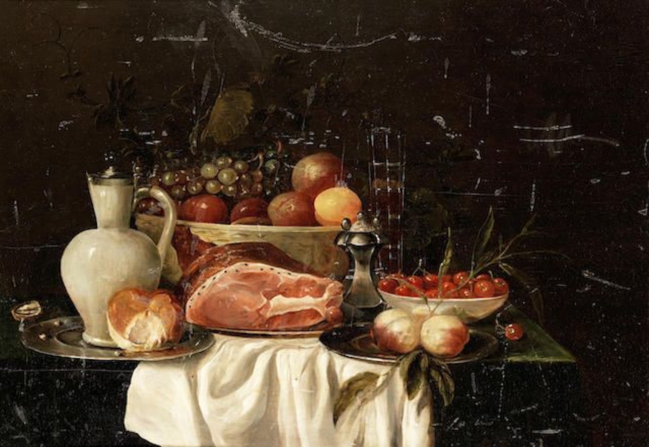 A still life with fruit, ham, pewter plates, a wine glass and a stone jug upon a draped table by Dutch School