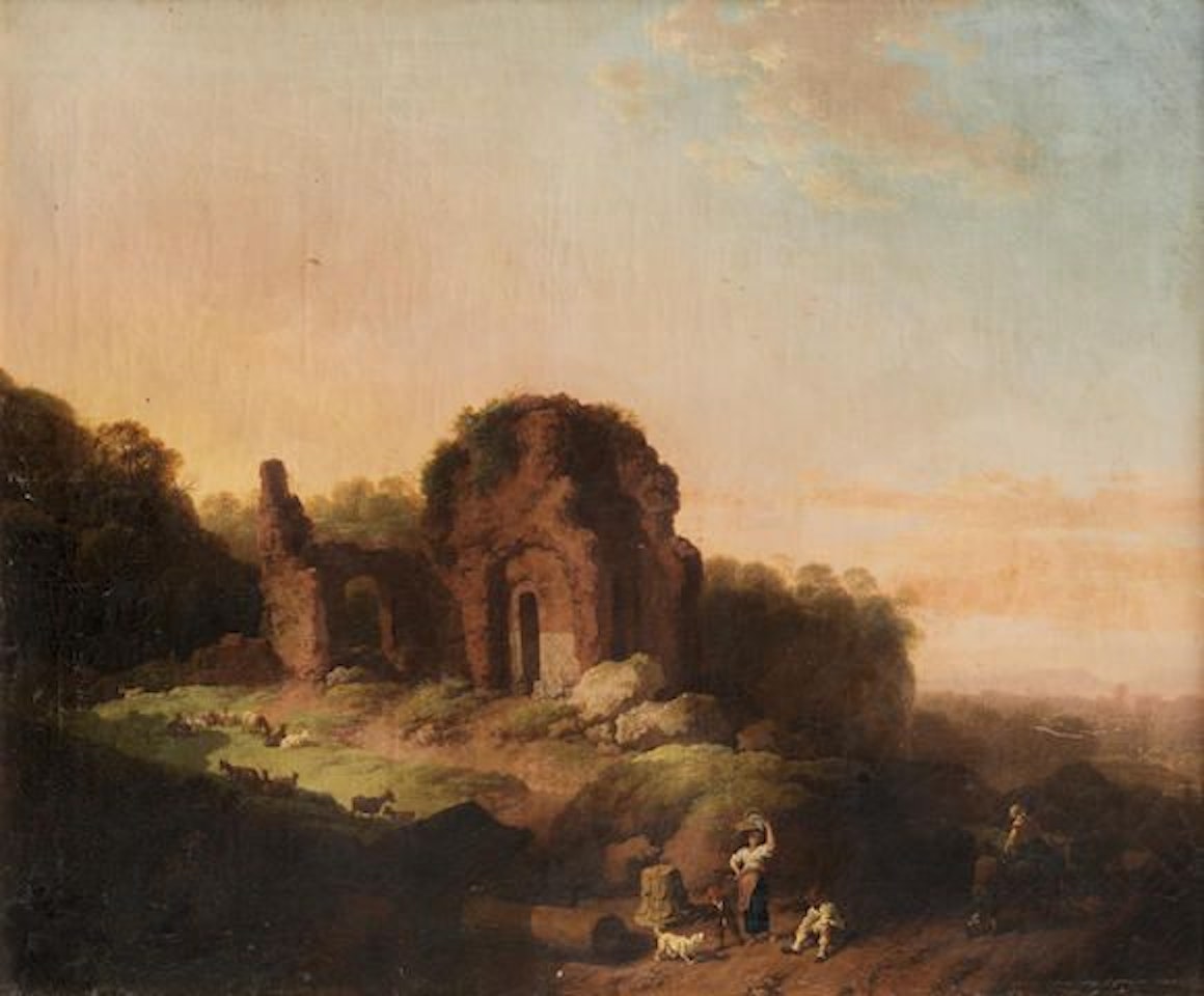 Figures on a country path, before ruins by Christian Wilhelm Ernst Dietrich